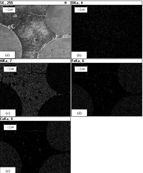 Fig. 8. SEM image and X-ray mapping images of the 4.25 Co 0.53 Fe 0.47 -Al 2 O 3  2.25Co-Al 2 O 3  composite heated to 980 o C: (a) SEM image, (b) oxygen mapping, (c) aluminum mapping, (d) iron mapping and (e) cobalt mapping.