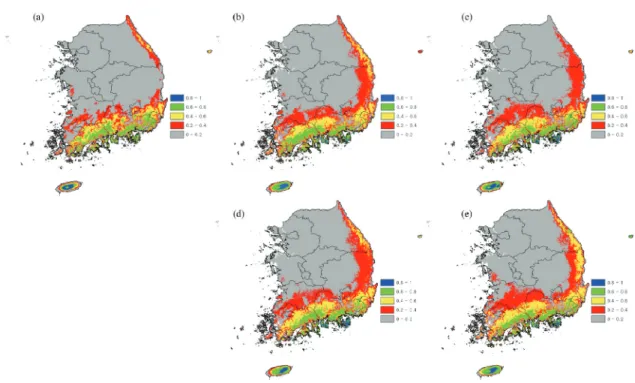 Fig.  8.  Change  of  potential  distribution  area  of  Carpinus  laxiflora  under  RCP  scenarios.
