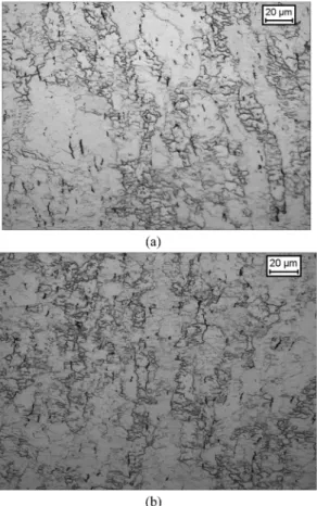 Fig. 9. Microstructures obtained on pure molybdenum spec- spec-imens deformed to a strain of 1.0 at (a) 900°C, 1.0/s and (b) 1100°C, 0.1/s.