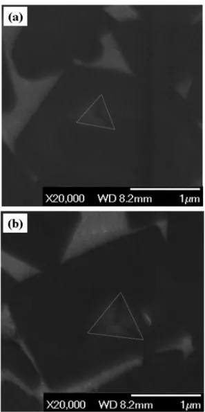 Fig. 7. An SEM micrographs of 3 × 3 grid of indentation marks on Ti(C 0.7 N 0.3 )-25NbC-20Ni cermet using  nanoin-dentation with the load of 5 mN.