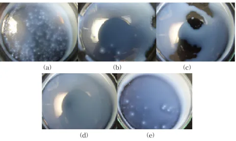 Fig.  1.  Photographs  of  acrylic  emulsions  with  different  monomer  compositions; 