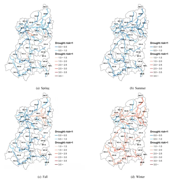 Fig.  11.  Low  water  temperature  drought  risk  map  at  the  Nakdong  river  basin.