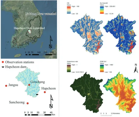 Fig.  3.  Location  information  and  gridded  input  data  based  on  GIS  data  at  Hapcheon  watershed.