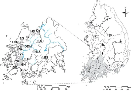 Fig. 1.  Map of study site (triangle, small reservoir; circle, medium reservoir; square, large reservoir).
