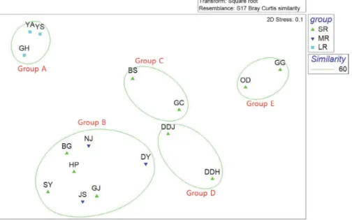 Fig. 3.  Cluster analysis with 60% similarity line over NMDS analysis result (SR, small reservoir; MR, medium reservoir; LR, large reser- reser-voir).