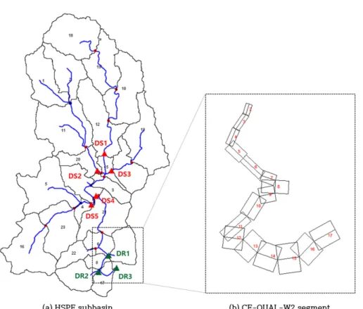 Fig. 3. Subbasin map of the study area and CE-QUAL-W2 model grid. (a) HSPF subbasin  map of Doam lake watershed showing the location of measurement sites, (b)  CE-QUAL-W2 segment definition map of Doam lake.