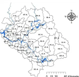 Fig 1. TMDL unit Watershed in Han-river 데 각각의 모듈에는 물의 흐름에 관계된 부분과 토사유출,  영양염류 등 수질에 관계되는 부분으로 구분된다(Bichnell et  al, 2005)