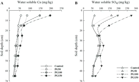 Fig. 2. Concentrations of water soluble Ca (A) and SO 4  (B) across the soil profile following 