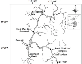 Fig. 1. Map showing water sampling stations (⚫) in the  Paldang Reservoir.