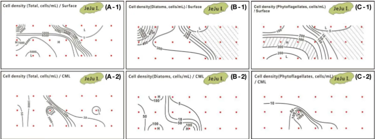 Fig. 7.  Horizontal distributions of the cell density of the total phytoplankton (A), diatoms (B), and phytoflagellates (C) at the surface (A-C-1) 