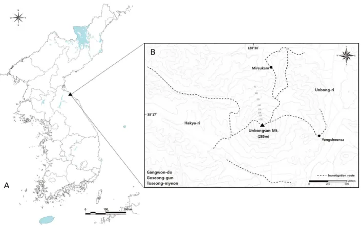 Fig. 1.  Distribution map of volcanic rocks on the Korean peninsula. (A). The location of the mountain