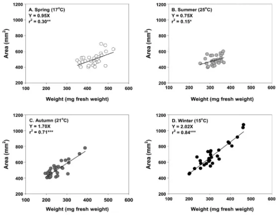 Fig. 3.  Relationships between the area (mm 2 ) and weight (mg fresh weight) of Ecklonia cava blades under different nutrient regimes during  each season