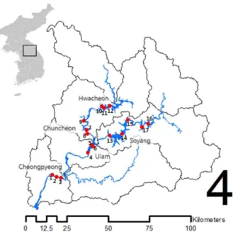 Fig.  1.  Sampling  sites  of  lakes  in  Buk-han  river  basin.