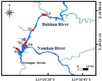 Fig.  1.  Map  showing  the  sampling  sites  in  Bukhan  river.