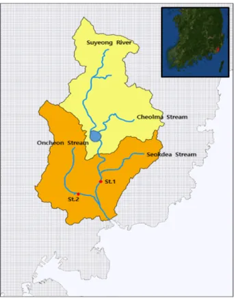 Fig.  1.  Sampling  points  for  storm  runoff  in  the  Suyeong  River. 