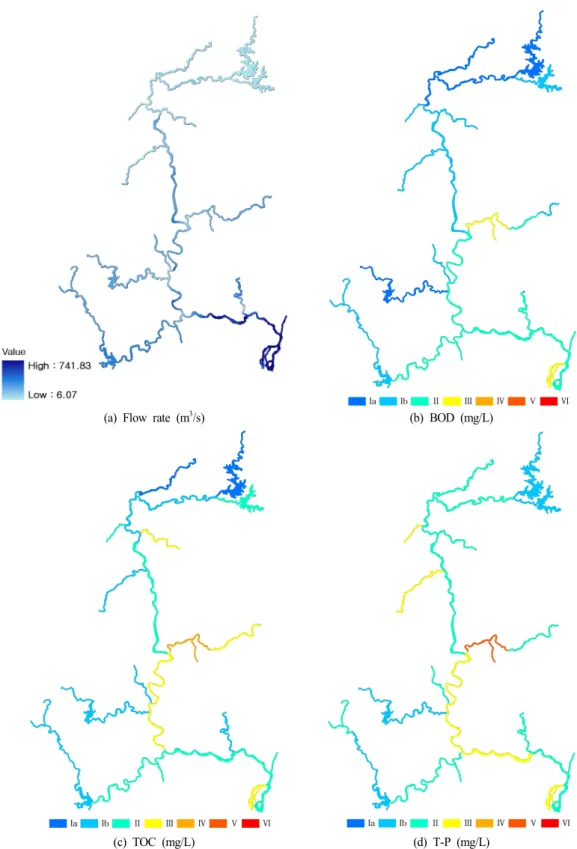 Fig.  7.  A  spatial  analysis  of  the  flow  and  water  quality  grades  for  the  biochemical  oxygen  demand  (BOD),  total  organic  carbon  (TOC),  and  total  phosphorous  (TP)  data  for  Nakdong  River.