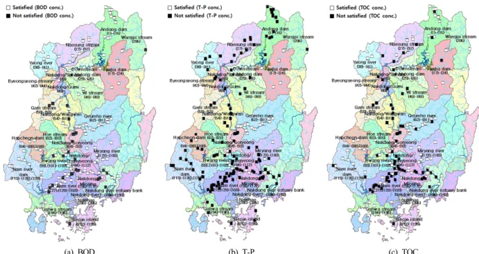 Fig.  5.  Monitoring  stations  wherein  BOD,  T-P,  and  TOC  concentration  was  not  satisfied  with  regulation  level  for  medium-    sized  management  areas.