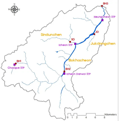 Fig.  1.  Map  showing  the  sampling  sites  in  Bokhacheon,  including  tributaries