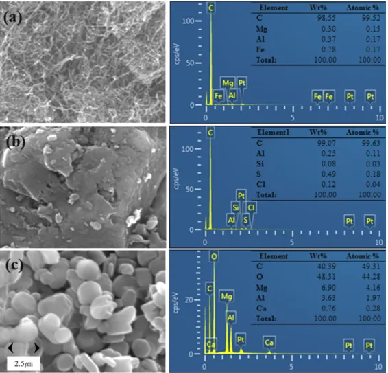 Fig. 1. Scanning electron microscope and energy dispersive X-ray patterns of (a) MWCNT, (b) activated carbon, and (c) LDH.