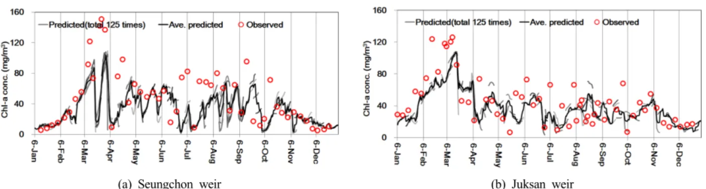 Fig. 10. Comparison of predicted and observed chlorophyll-a concentration at weirs of Yeongsan River for the year of 2015