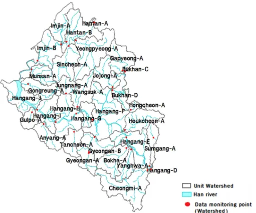 Fig. 1. Streams in the han-river basin.  수계를 제외한 3대강을 단위유역을 대상으로 중권역별 목표 수질 초과빈도를 분석하여 유기물질 관리지표항목 및 추가 대상물질로 TOC를 제시하였다