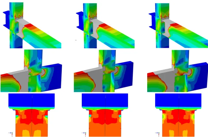 Fig. 9. Maximum principal strain at the peak loads and von mises stress plot near column face (left) t = 50mm, (middle) t = 45mm,  (right) t = 40mm