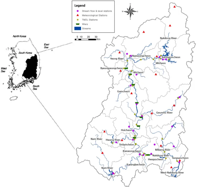 Fig. 1. Site description of Nakdong River basin. 사례는 주로 미국을 중심으로 유역관리 및 Total Maximum Daily Loads (TMDL)의 계획수립 및 평가에 폭 넓게 활용되고  있으며,  대표적인  적용  사례로는  미국의  Chesapeake Bay유역에 대해 20년 이상 동안 HSPF모델을 적용하고 모델의  구조를  개선(Shenk et al., 2012)하여  왔으며,  그  외 Irondequoi