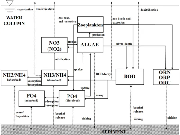 Fig. 5. Temperature correction of algal growth with water  temperature. TALGRH is temperature above which  algal growth ceases, TALGRL is temperature below  which algal growth ceases, and TALGRM is  tempe-rature below which algal growth is retarded.