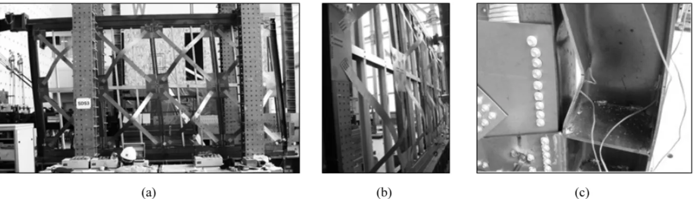 Fig. 12. Failure aspects of MSB-SS specimen; (a) Specimen deformation at drift -6.48% (b) Strap braces extended by tension force  (c) Local buckling in the column and vertical outside stud when test ended