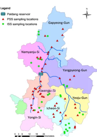 Fig.  1.  Sampling  locations  in  the  Paldang  reservoir  watershed