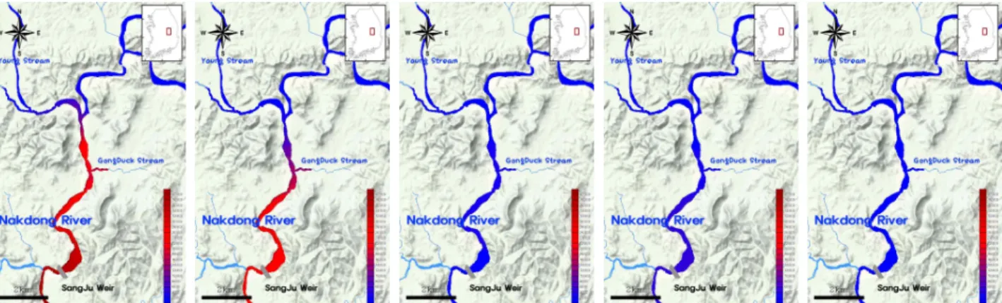 Fig.  4.  Map  of  spatial  changes  in  Aphanizomenon  spp.  cell  densities  (cells/ml)  for  15  days  in  the  upper  region  of  the  Nakdong  River.