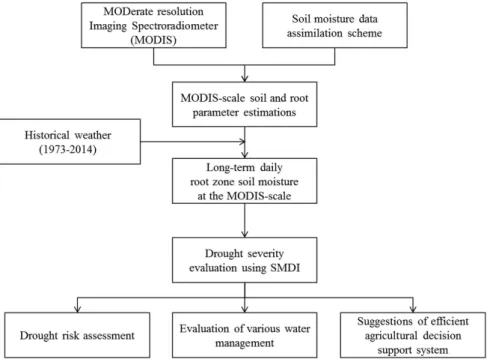 Fig.  1.  Flow  chart  of  drought  severity  assessment  using  MODIS  data  based  on  the  soil  moisture  data  assimilation  scheme.
