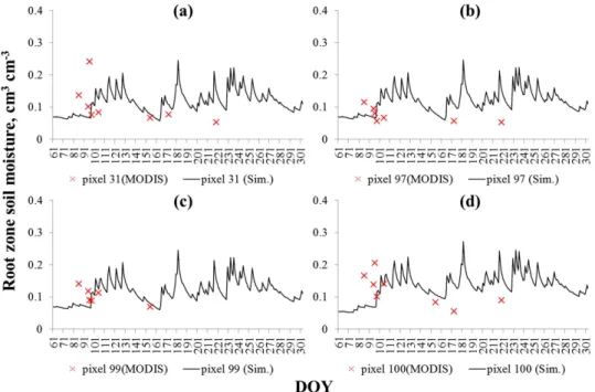 Fig.  8.  Comparison  of  MODIS  and  estimated  root  zone  soil  moisture  dynamics  for  the  pixels  31,  97,  99,  and  100  based  on  the  estimated  soil  and  root  parameters  at  Chungmi-cheon  site  2.