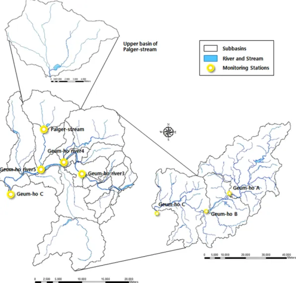 Fig.  1. Study  area  and  monitoring  stations. 평가한 바 있다.  그러나 제시된 배출계수 추정방법이 기준유량과 유사한 유량이 관측되는 특정시기(기준 월)에 국한 되어 유량변동에 대한 유동적 대응에 한계가 있으며,  유역모형의 각 소유역별 출구에서 유출되는 부하량을 비점오염배출부하량으로 활용함에 따라 유달부하량과 혼동될 수 있고,  하천구간의 유출량이므로 유역 토지로부터의 표면유출과 중간유출,  기저유출의 분리에 어