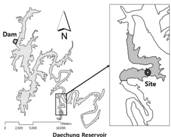 Fig. 1. Map of sampling site. Shaded area in the boxed map  indicates the zone of exploration to measure amount  and depth for sediment.