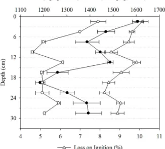Fig. 3. Concentrations of ignition loss, total nitrogen, and total  phosphorus according to the depth in the cored sediment  samples