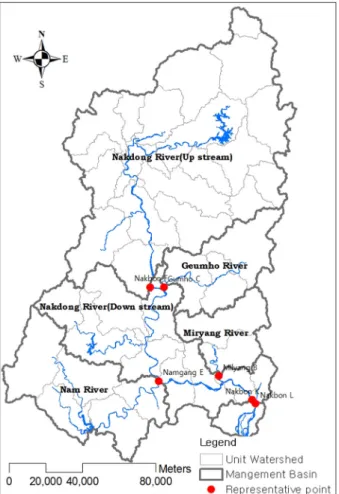 Fig. 1. Unit Watershed and Metropolitan Cities/Dos in  Nakdong River Basin.