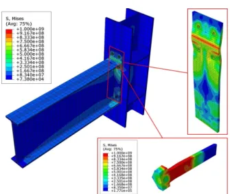 Fig. 6. Stress distribution and deformation aspect of the T12-  G110-B200 connection model.