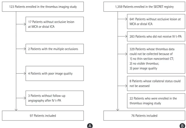 Figure 1.  Patient selection: (A) derivation cohort, (B) validation cohort. MCA, middle cerebral artery; ICA, internal carotid artery; IV t-PA, intravenous tissue  plasminogen activator; SECRET, Selection Criteria in Endovascular Thrombectomy and Thromboly