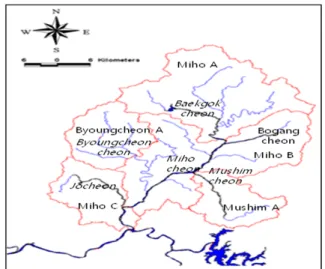 Fig. 1. Unit watersheds for TMDL of Miho streams.