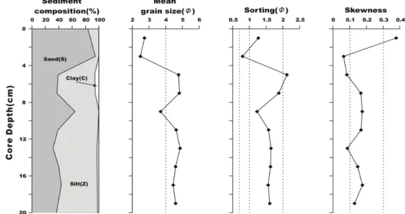 Fig. 2. Vertical variation of sediment composition, mean grain size, sorting and skewness of core sediment