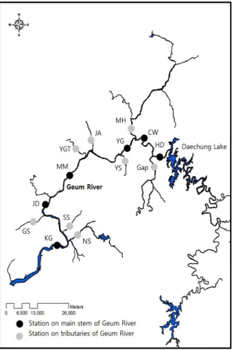 Fig. 2. Monthly precipitation in areas around Geum River  watersheds. 망 운영지점에서 선택되었으며 본류와 지류에서의 채수 지점 을 Fig