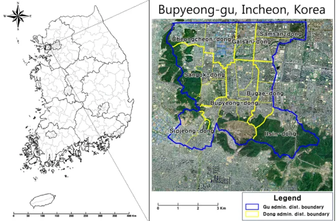 Fig. 1. Study area (Bupyeong-Gu, Incheon). al., 2012; Sakong, 2003). 하지만 영상 분류에 의한 투수/ 불투수도 제작 방안은 위성영상 공간해상도에 제약이 있어 도로,  건물  등이  밀집해  있는  도시지역에  대해  높은  공간해상도의 지도 제작이 어렵다
