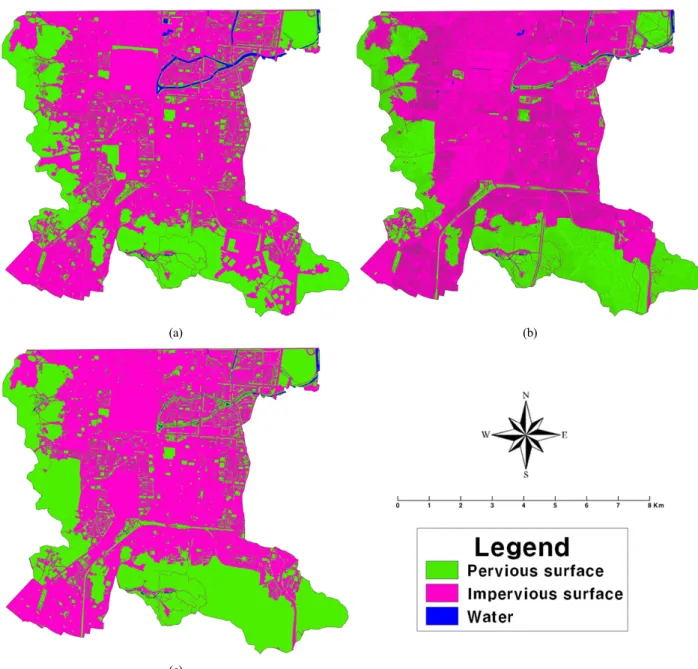Fig. 7. Result of previously proposed pervious/impervious map. ((a) 1 st  method, (b) 2 nd  method, (c) 3 rd  method).