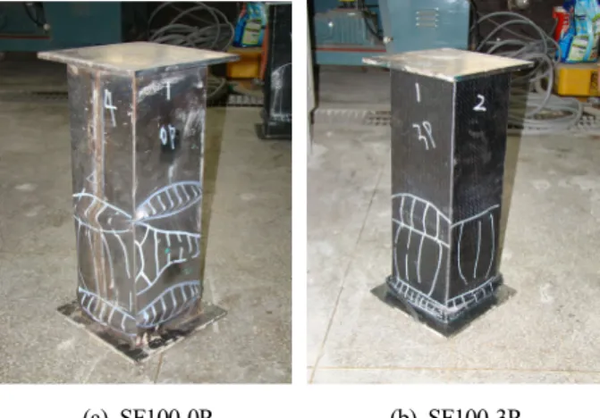 Fig. 8. Load-displacement relationship와  보강실험체(SF60-3P)의  파괴과정을  비교한  것이며, Fig.  7은  SF100시리즈의  최종파괴전경이다