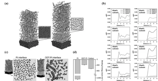Figure  6.  (a)  Equilibrium  structures  of  Nafion  solutions  at  the  Pt  surface  and  the  AT-modified  surface  in  40  wt%  water/ 