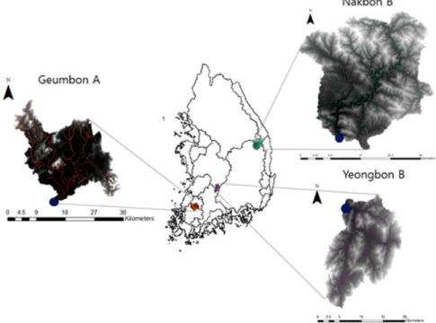 Fig. 1. Study Watershed. 오염물질의 거동에 대한 이해가 필요하다.  또한 오염물질의 거동 등은 강우 특성뿐만 아니라,  직접유출 및 기저유출과 점오염원 시설인 환경기초시설에 따라 달라질 수 있기 때문이다(Choi et al., 2014).국내에서는 유역의 강우-유출 및 오염부하 특성 파악,  비점오염원 발생 및 이동에 관한 많은 연구들이 수행되어 왔다