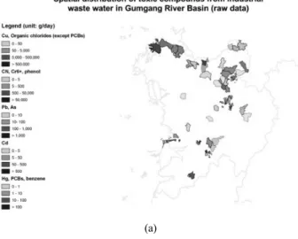 Fig. 4. Distribution of the prioritized toxic water pollutants  in the Geum-River basin, 2012: (a) statistical result  from the 2012 nationwide pollution source survey  (overlaid with 11 layers of 50% transparency), (b)  estimated distribution with the pol