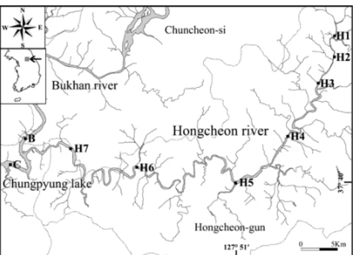 Fig. 1. The map showing 9 sampling sites including 7 sites  from Hongcheon river in Gangwon-do from Dec