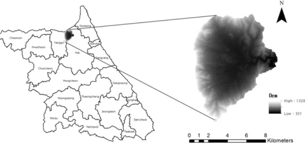 Fig. 1. Location of the Haeanmyeon watershed. 침사지 같은 친환경적이고,  공학적인 저감 공법 등이 개발되었으나 이 공법들은 비용,  예산,  지형적 조건 등의 제한 으로 실제 현장에 적용하기에는 어려움이 있다